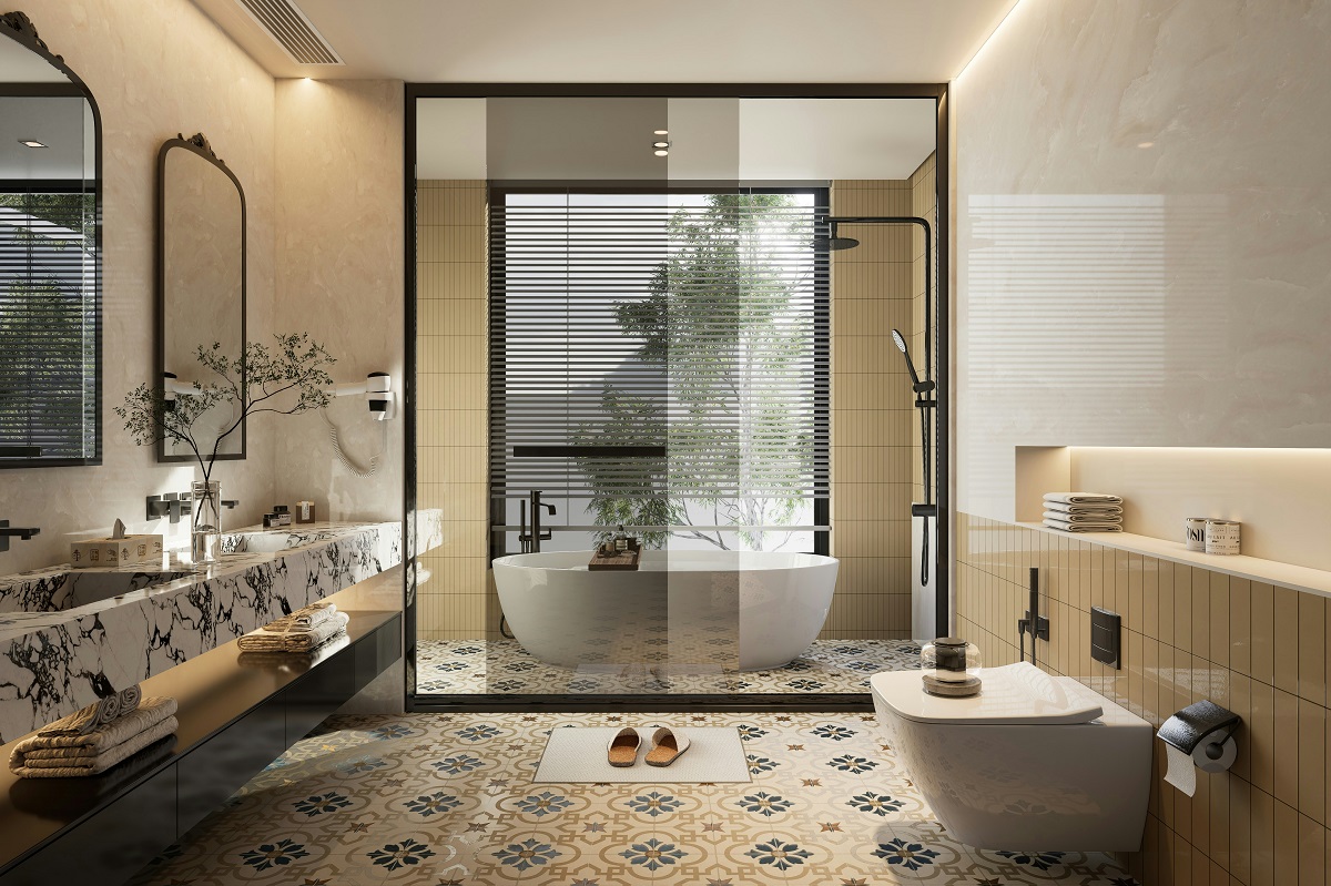 bathroom with mosaic tiles